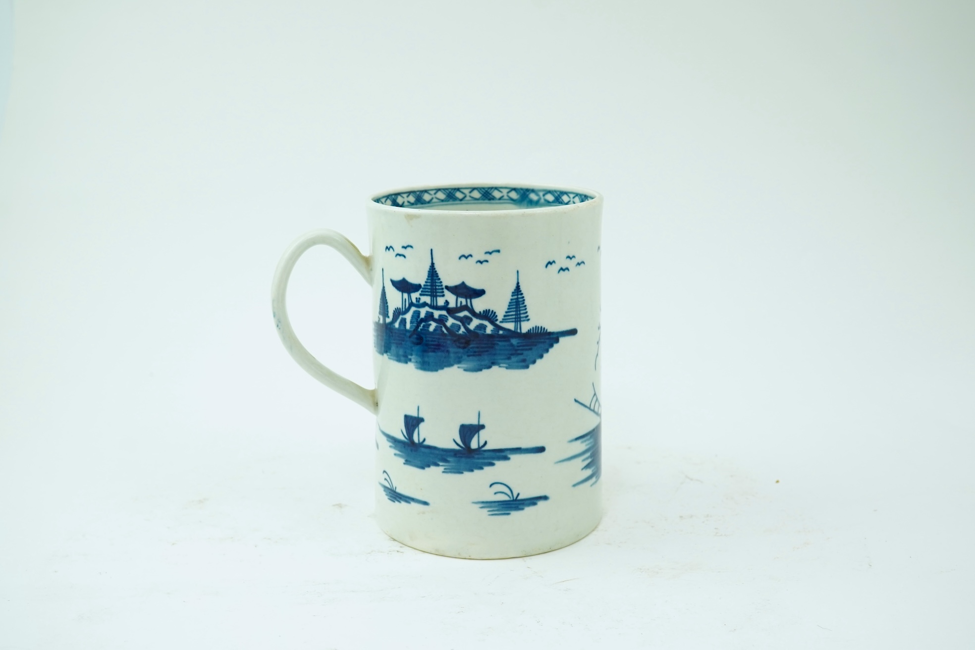 A Worcester blue and white Rock Strata Island cylindrical mug, c.1770
